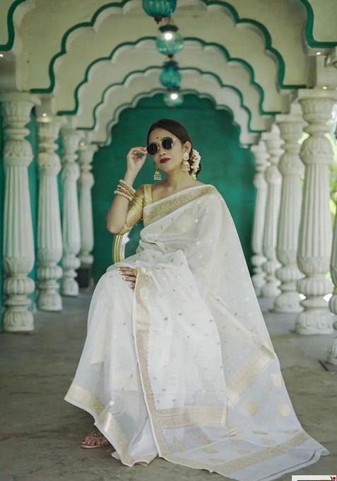 White Printed Silk Saree