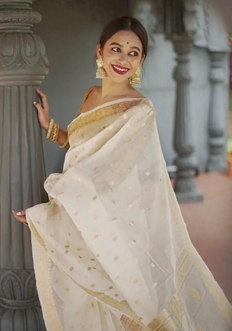 White Printed Silk Saree
