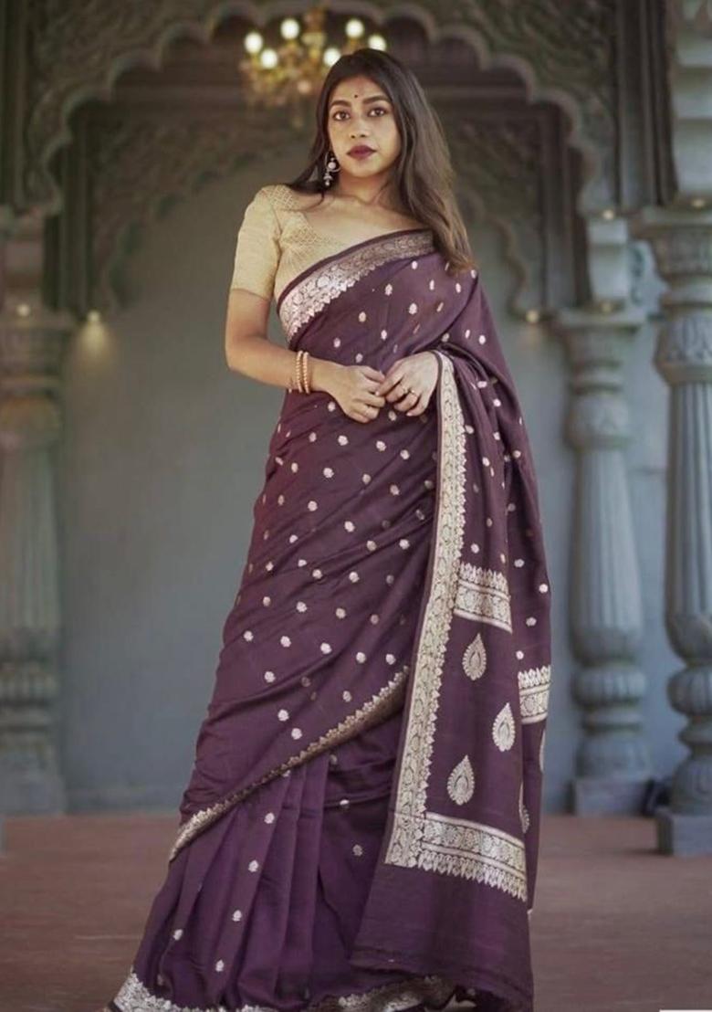 Wine Printed Silk Saree
