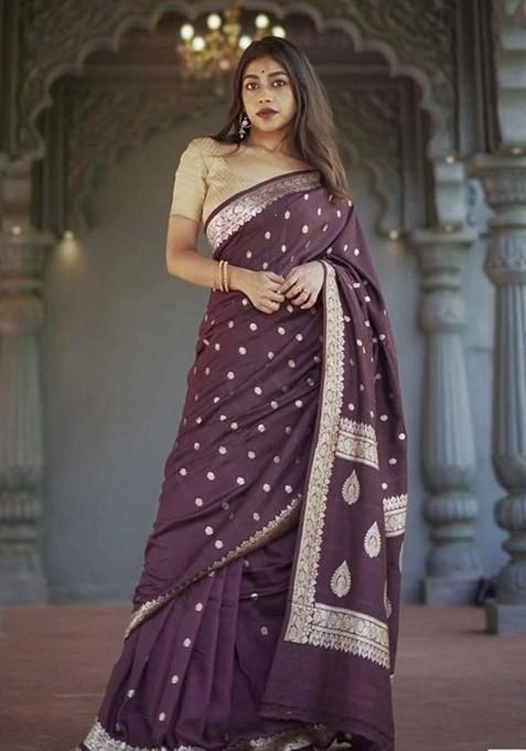 Wine Printed Silk Saree