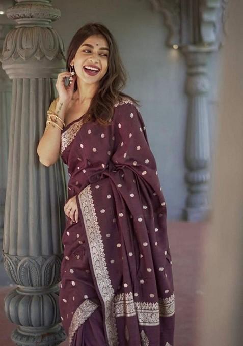 Wine Printed Silk Saree