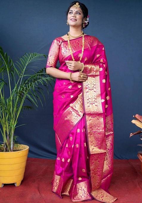 Pink Printed Silk Saree