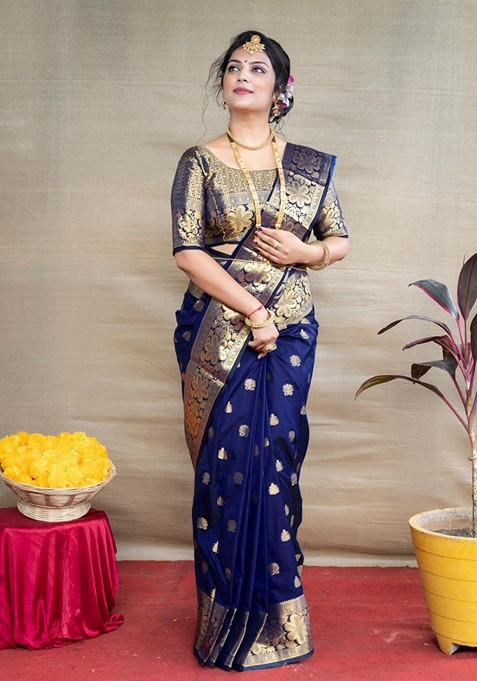 Blue Printed Silk Saree