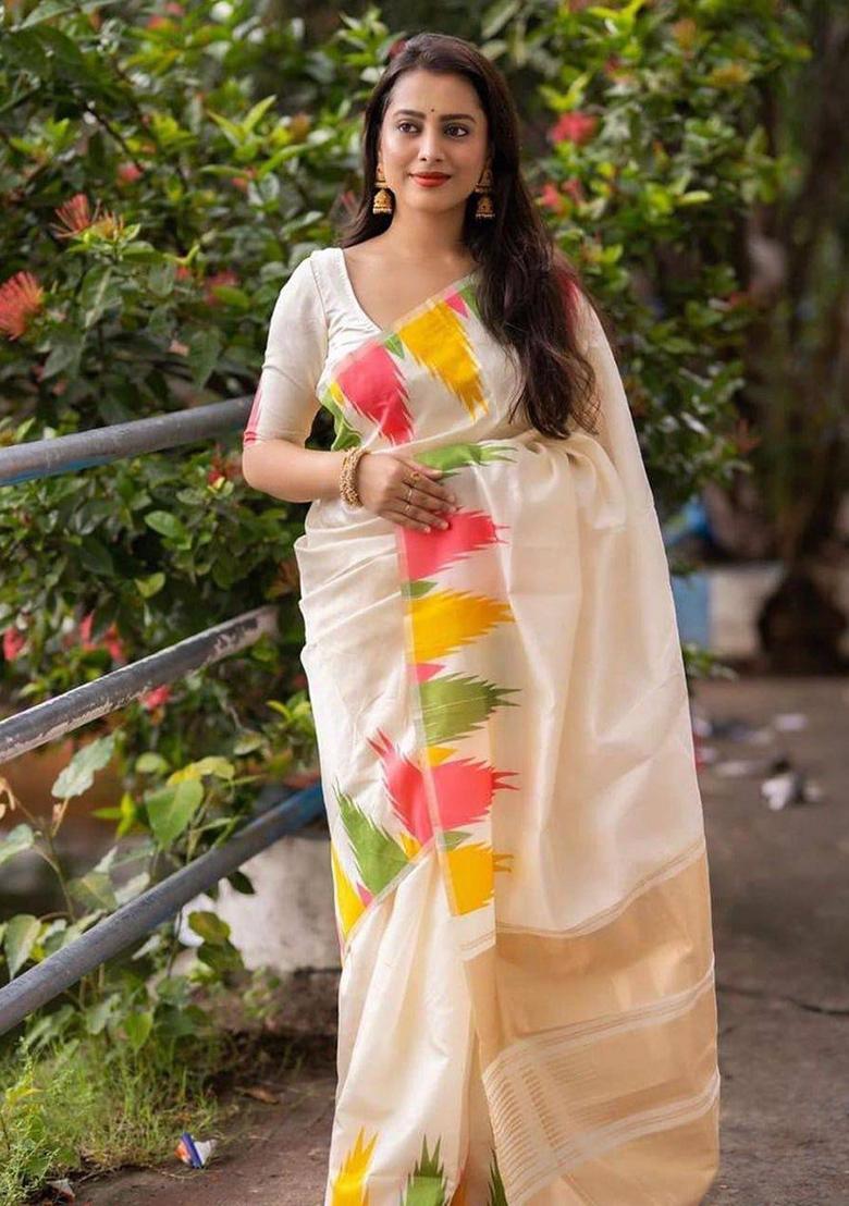 White Printed Silk Saree