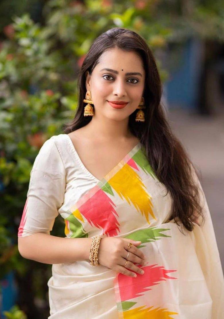 White Printed Silk Saree