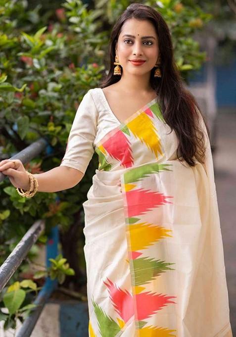 White Printed Silk Saree