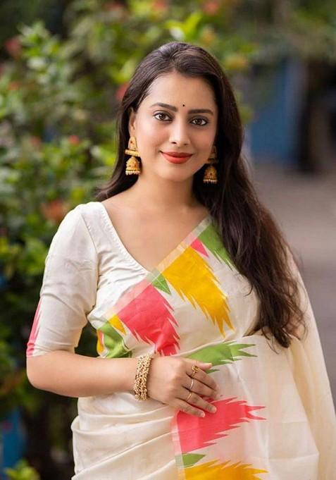 White Printed Silk Saree