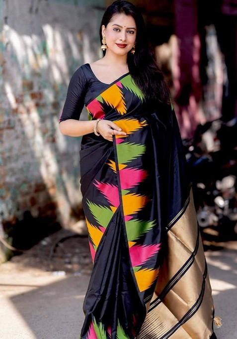 Black Printed Silk Saree