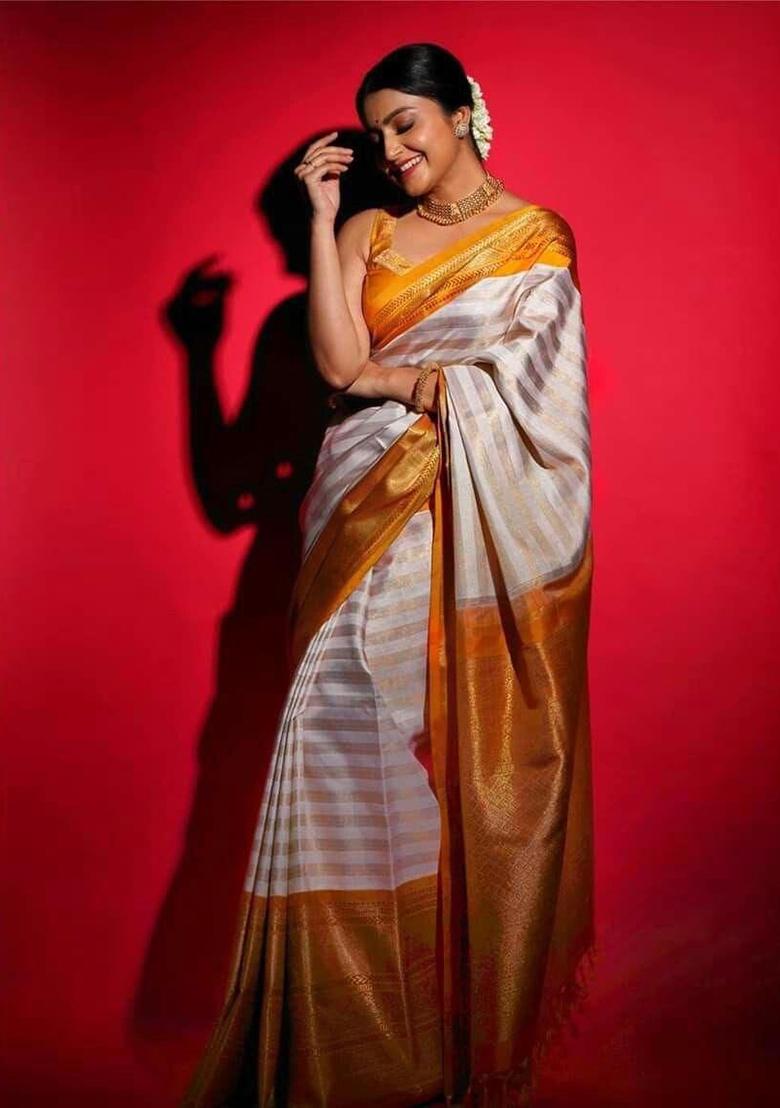 Cream Printed Silk Saree