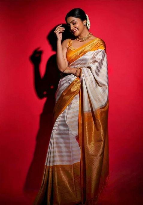 Cream Printed Silk Saree