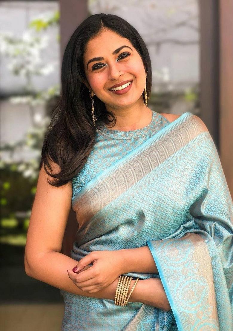 Blue Embroidered Silk Saree Set - Indya