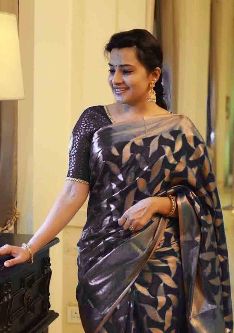 Black Embroidered Silk Saree Set - Indya