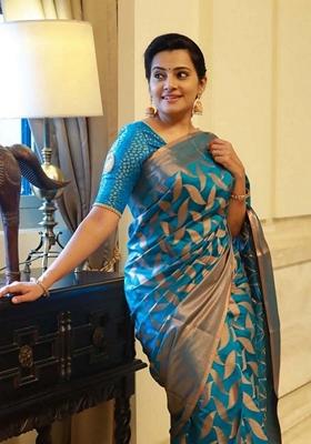 Blue Embroidered Silk Saree Set