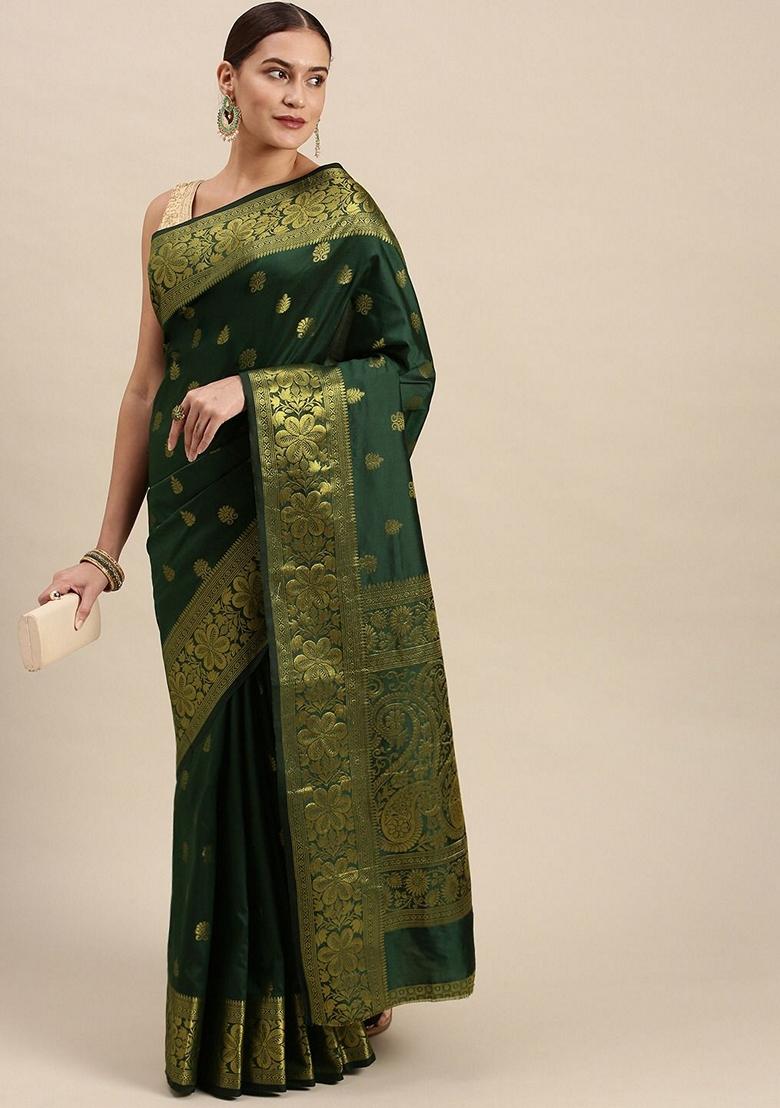 Green Embroidered Silk Saree Set - Indya