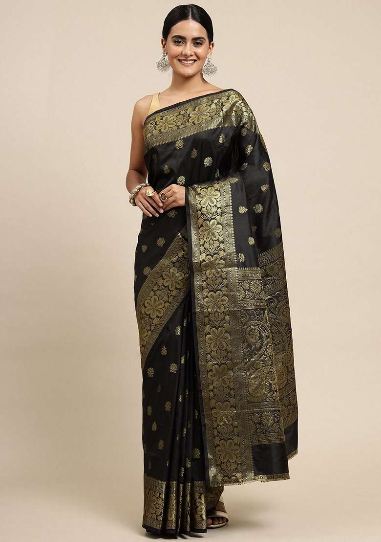 Black Embroidered Silk Blend Saree Set for Diwali and Festive Wear - Indya