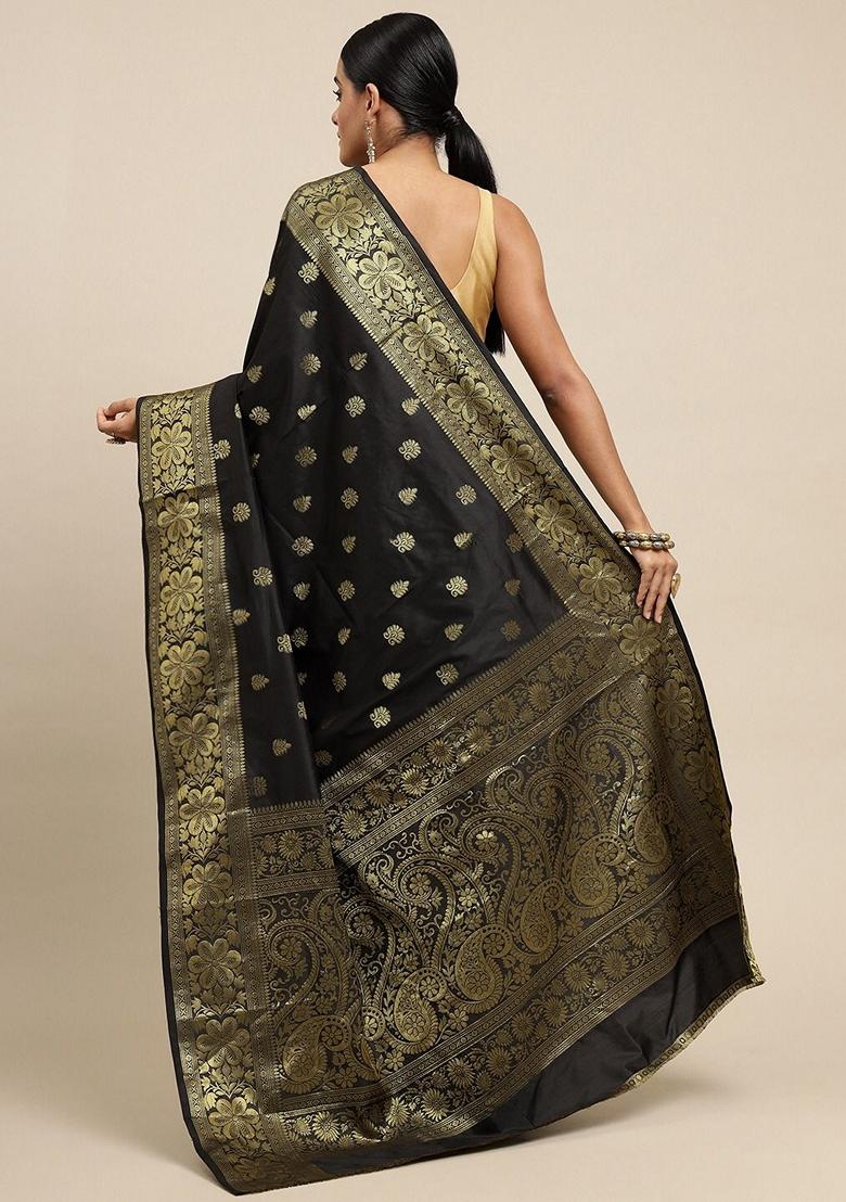 Black Embroidered Silk Saree Set - Indya