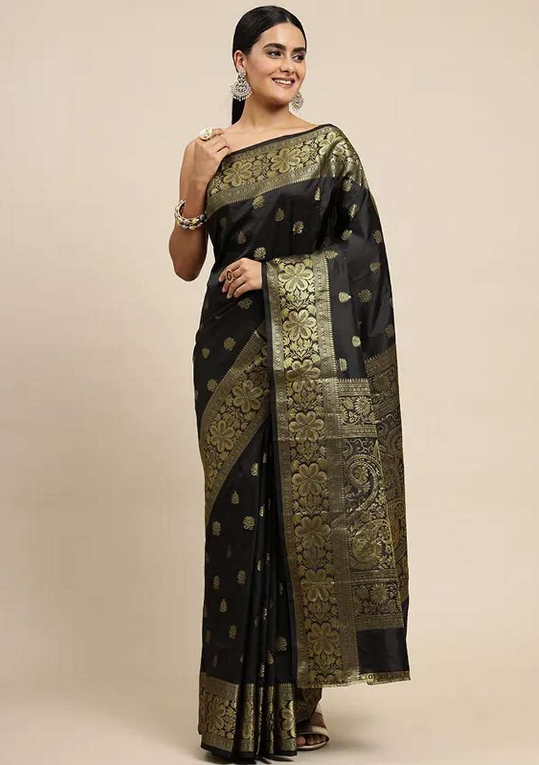 Black Embroidered Silk Blend Saree Set for Diwali and Festive Wear - Indya