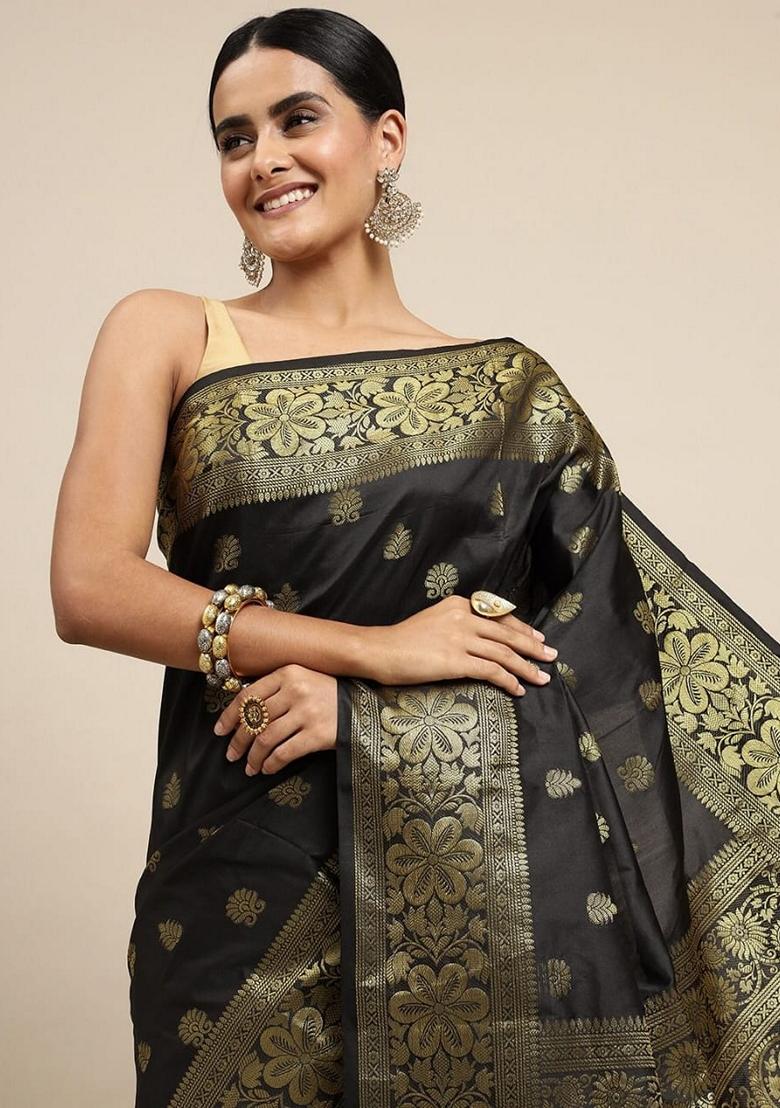 Black Embroidered Silk Saree Set - Indya