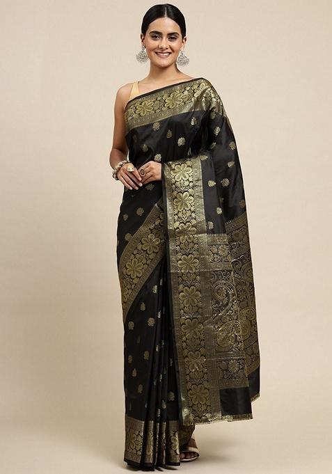 Black Embroidered Silk Saree Set