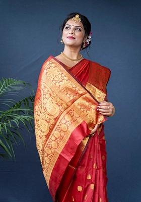 Maroon Embroidered Silk Saree Set