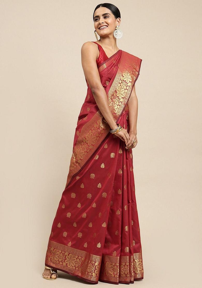 Maroon Embroidered Silk Saree Set - Indya