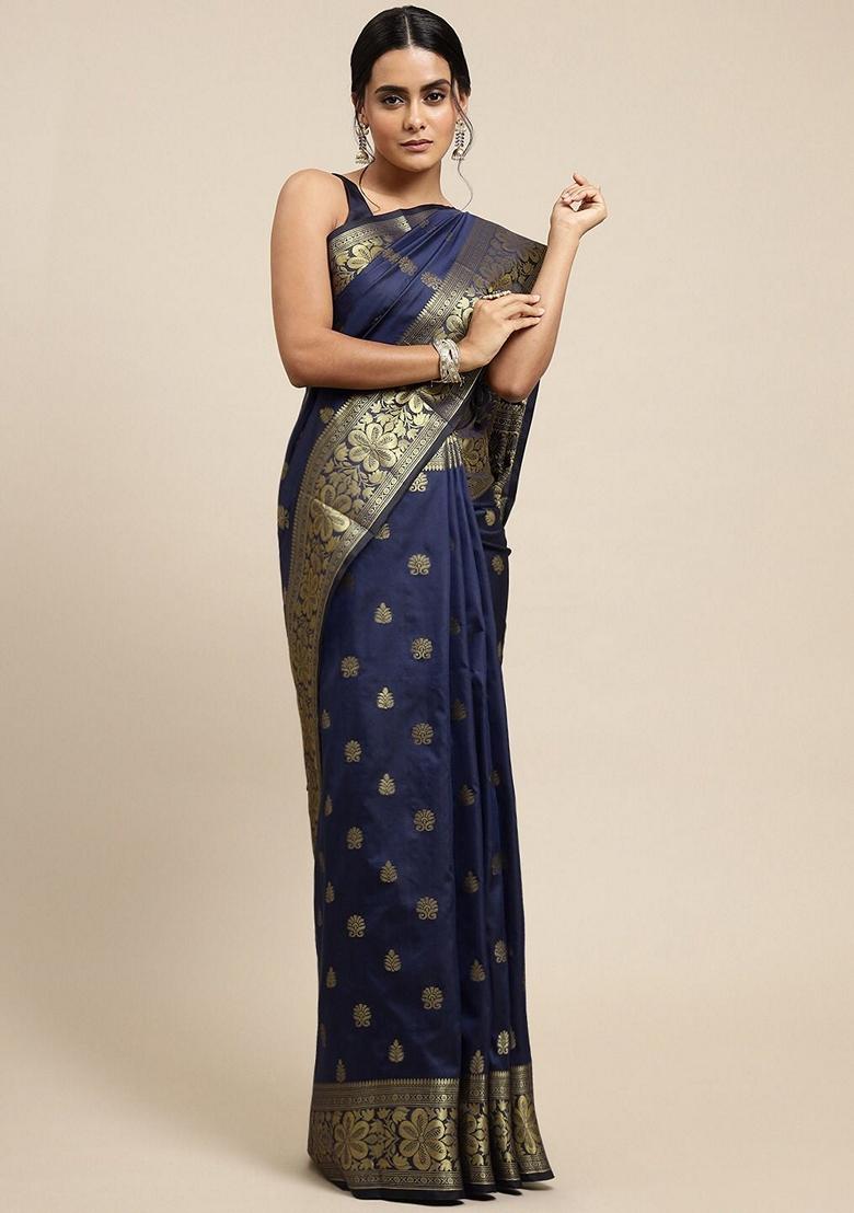Blue Embroidered Silk Saree Set - Indya