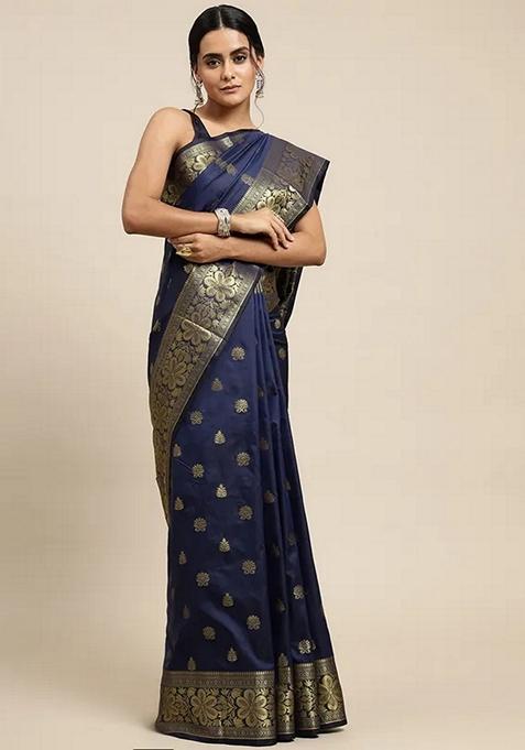 Blue Embroidered Silk Saree Set