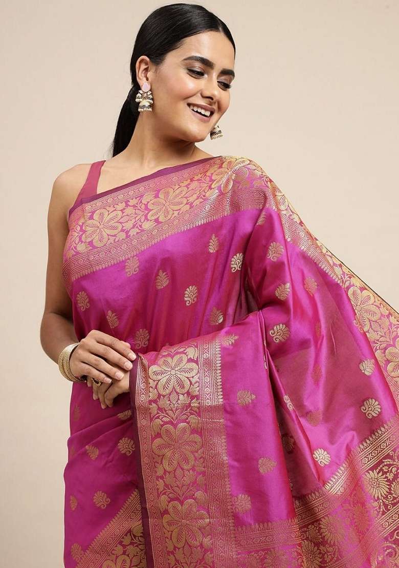Pink Embroidered Silk Blend Saree Set for Diwali and Festive Wear - Indya