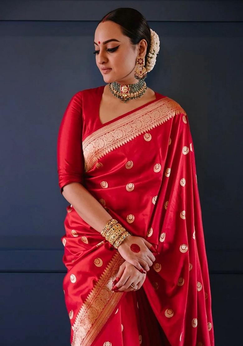 Red Embroidered Silk Saree Set - Indya
