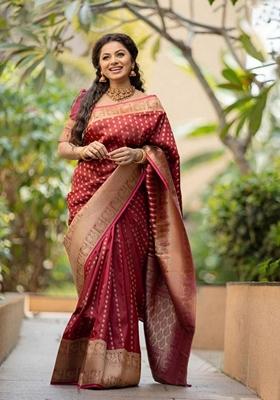 Maroon Embroidered Silk Saree Set