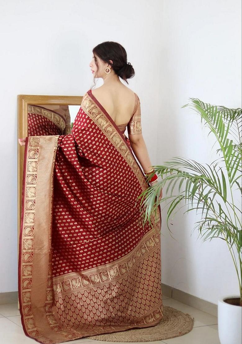 Maroon Embroidered Silk Saree Set - Indya