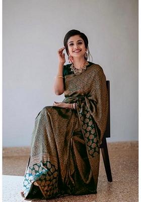 Green Embroidered Silk Saree Set