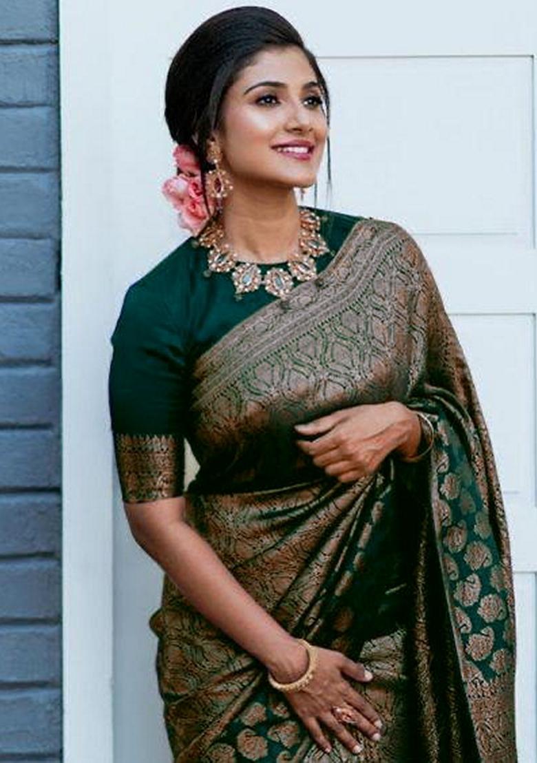 Green Embroidered Silk Saree Set - Indya