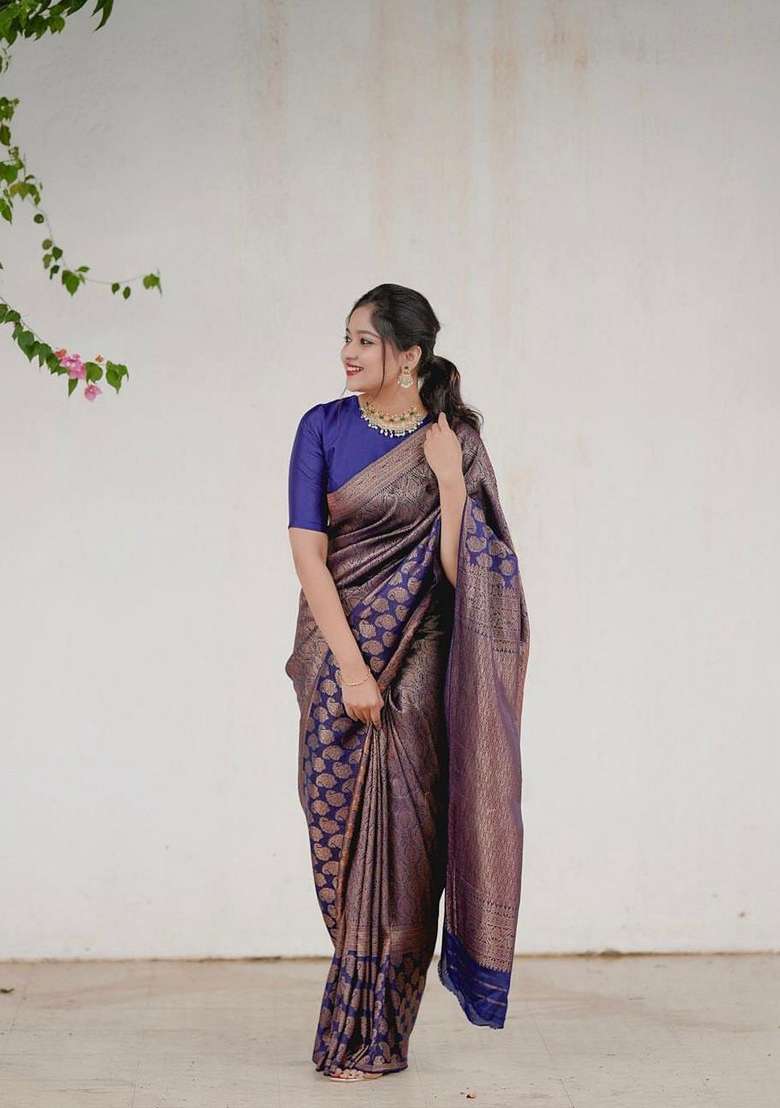 Blue Embroidered Silk Blend Saree Set for Diwali and Festive Wear - Indya