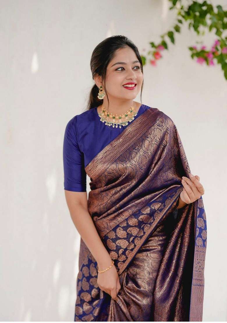Blue Embroidered Silk Blend Saree Set for Diwali and Festive Wear - Indya