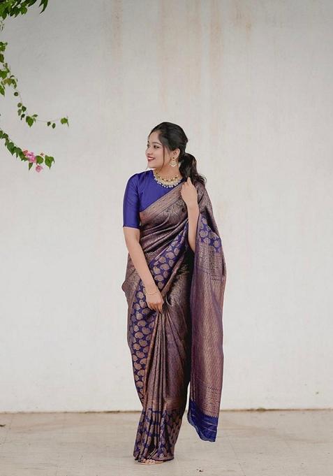 Blue Embroidered Silk Saree Set