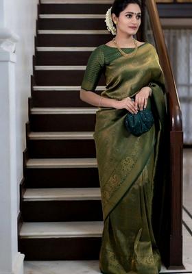 Green Embroidered Silk Saree Set