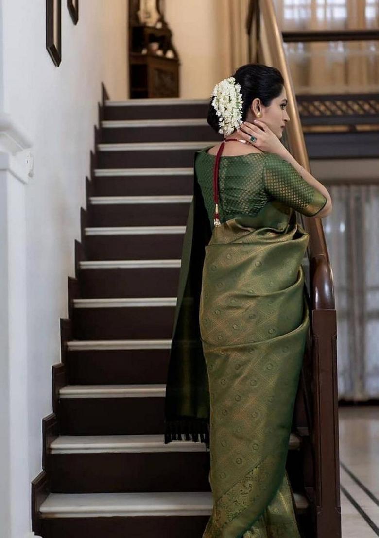 Green Embroidered Silk Saree Set - Indya