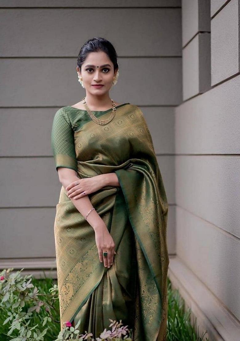 Green Embroidered Silk Saree Set - Indya