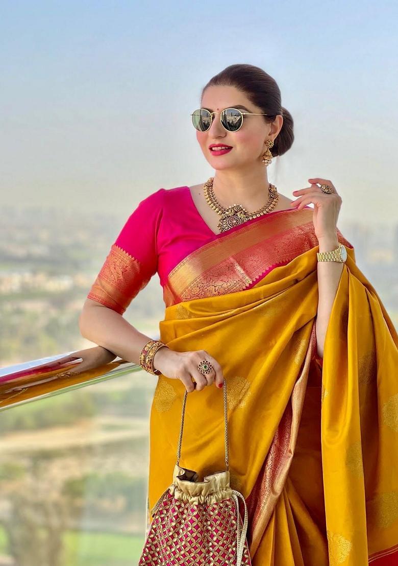 Yellow Embroidered Silk Saree Set - Indya