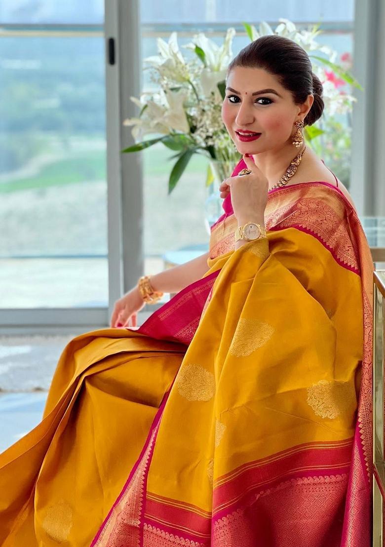 Yellow Embroidered Silk Saree Set - Indya
