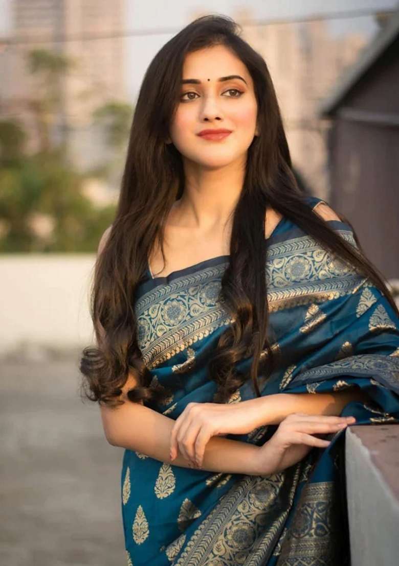 Blue Silk Blend Saree Set with Embroidered for Diwali | Wedding & Festive Wear - Indya