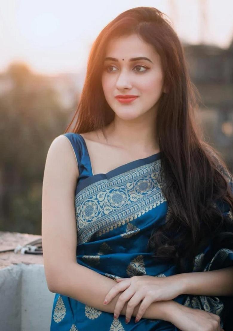 Blue Embroidered Silk Saree Set - Indya