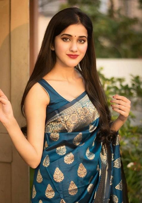 Blue Embroidered Silk Saree Set