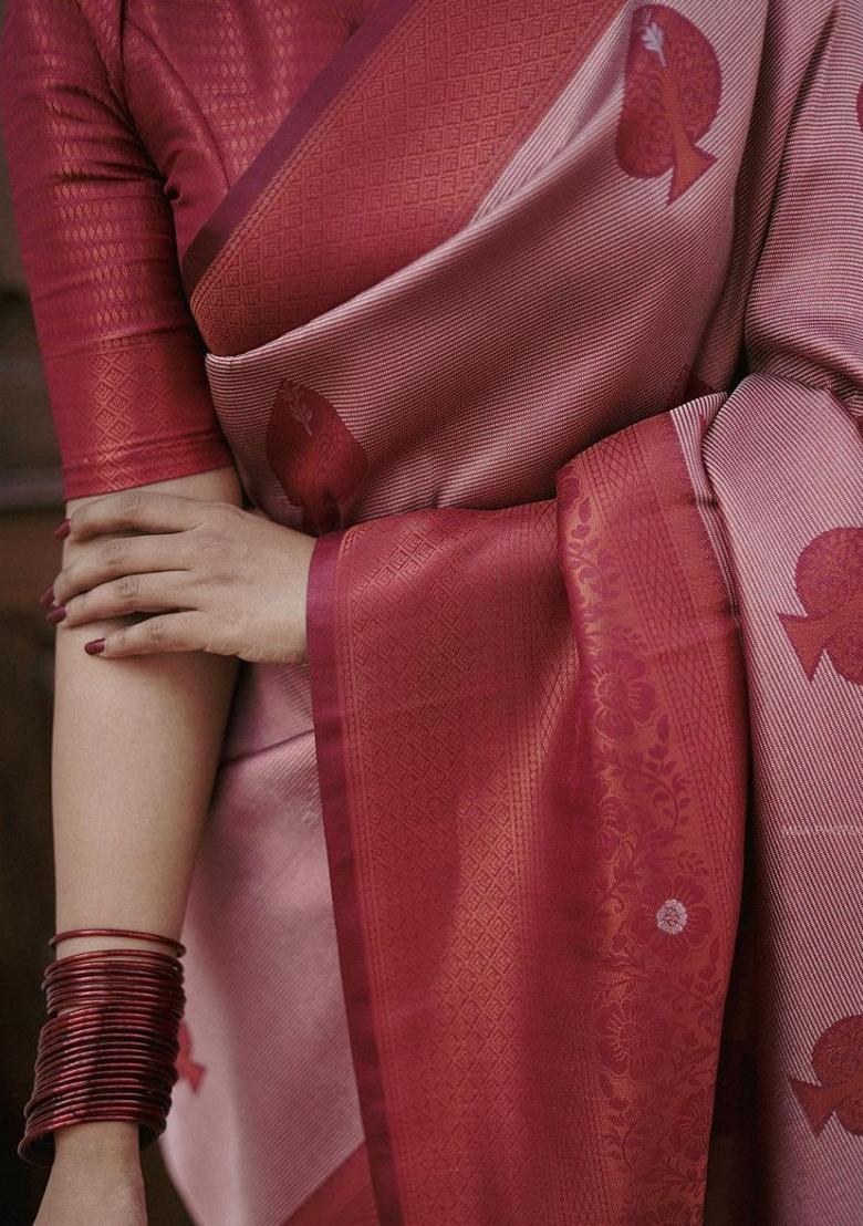 Pink Embroidered Silk Saree Set - Indya