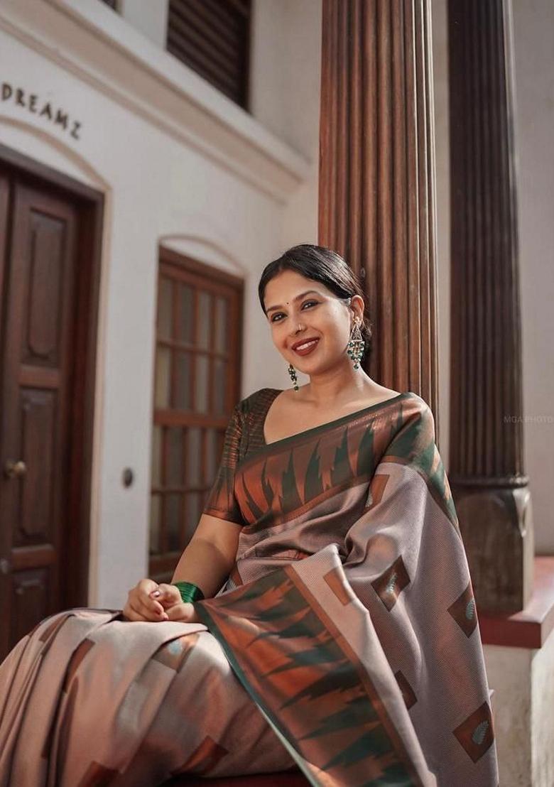 Green Embroidered Silk Saree Set - Indya