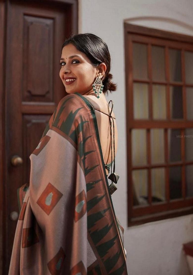 Green Embroidered Silk Saree Set - Indya