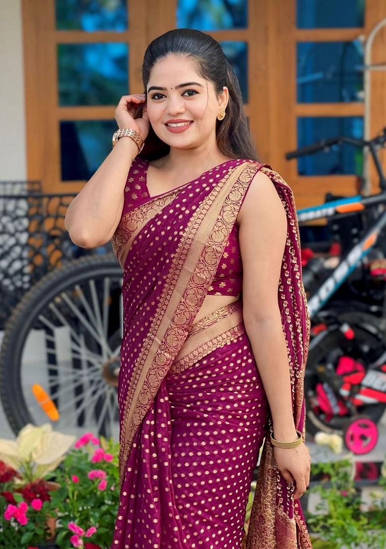 Purple Embroidered Silk Saree Set - Indya