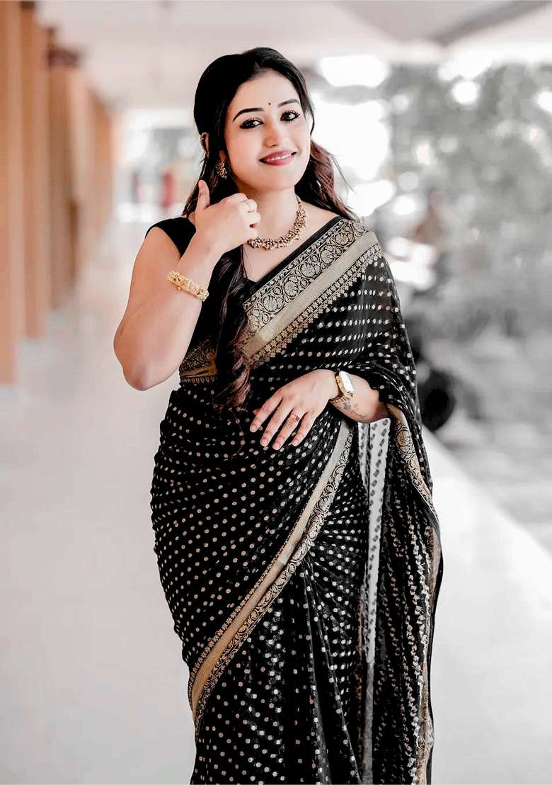 Black Embroidered Silk Blend Saree Set for Diwali and Festive Wear - Indya