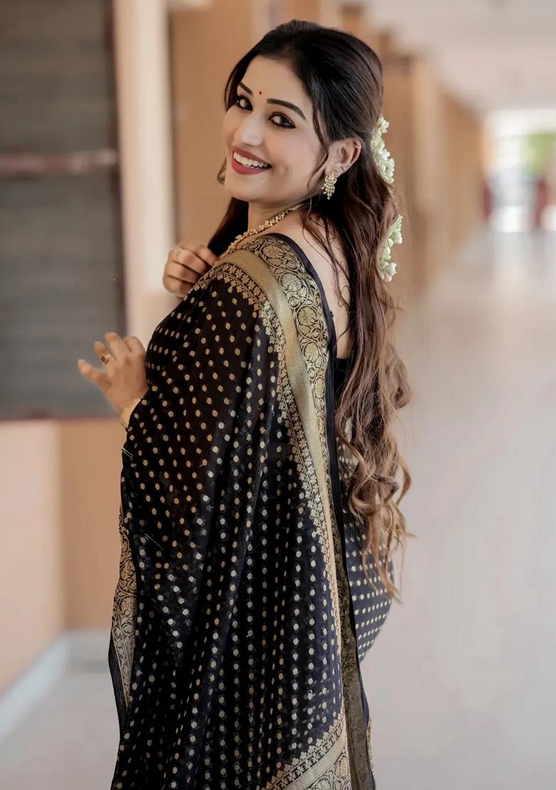 Black Embroidered Silk Saree Set - Indya